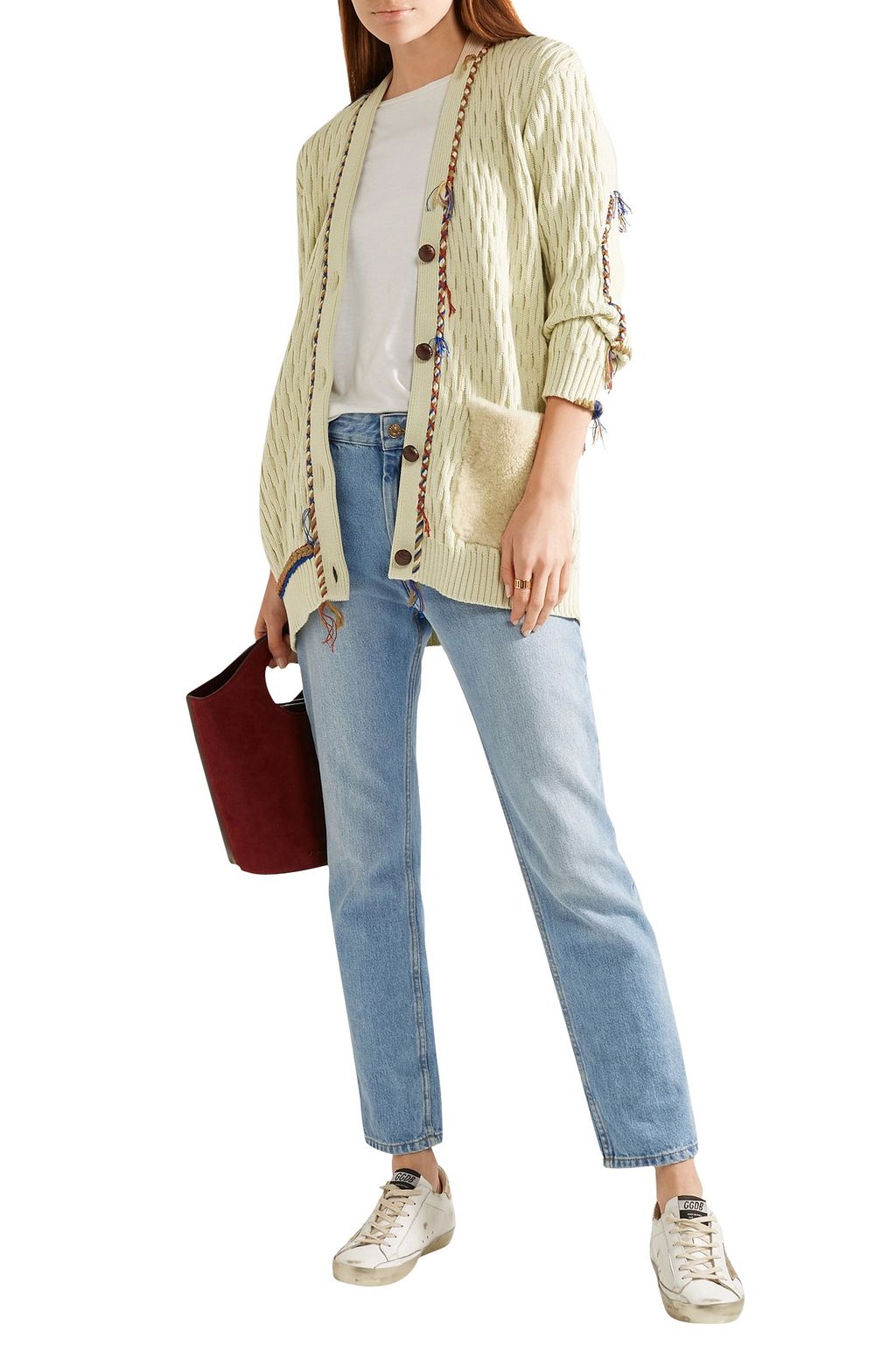 TORY BURCH Shearling-trimmed embroidered wool-jacquard sweater