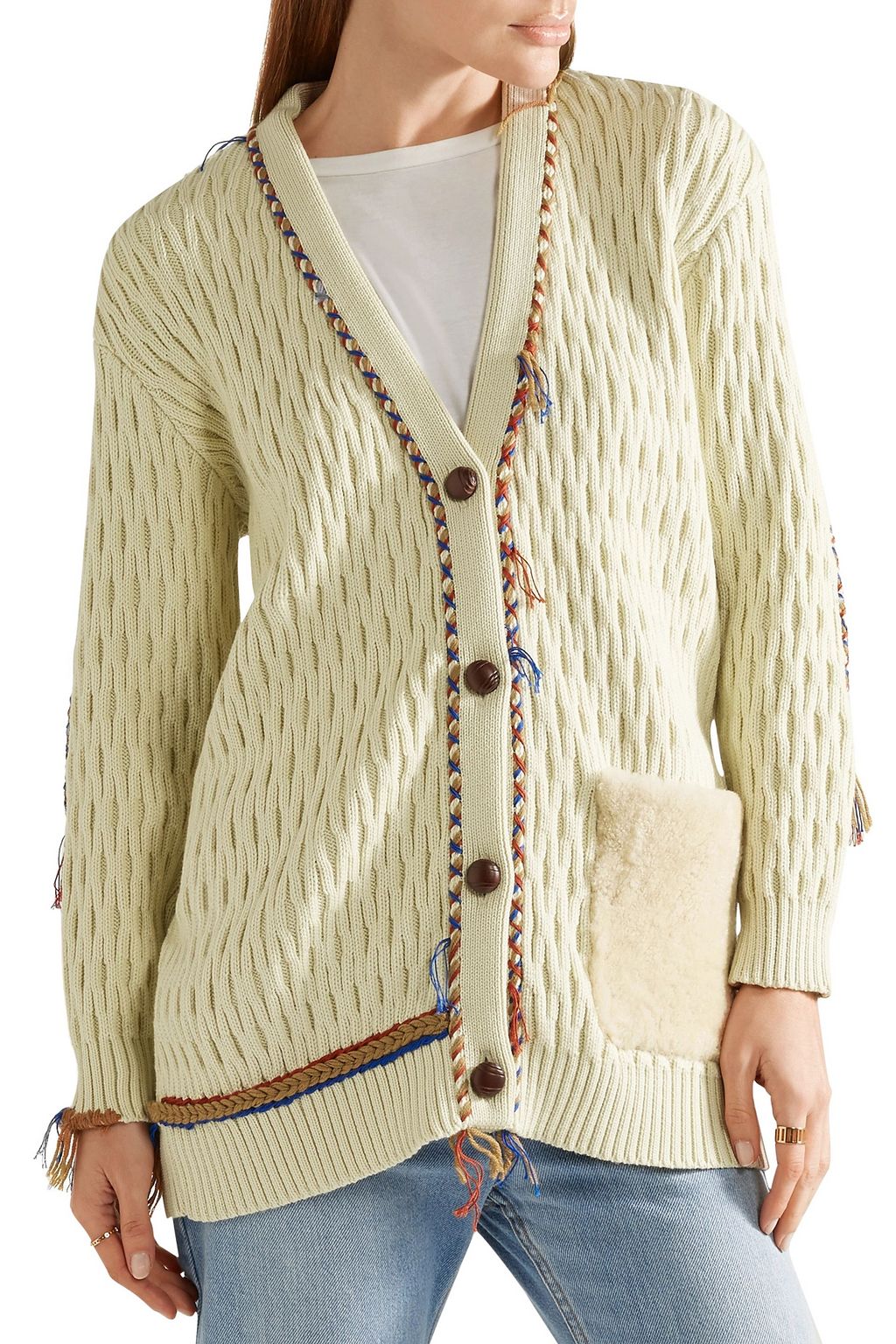 TORY BURCH Shearling-trimmed embroidered wool-jacquard sweater