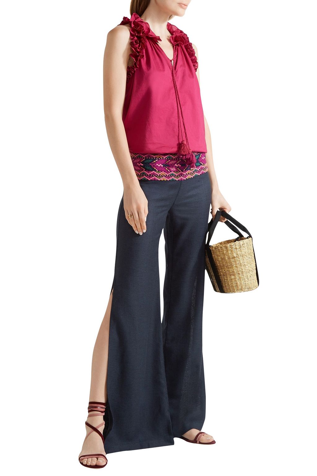 FIGUE Chanda embroidered silk-blend canvas wide-leg pants
