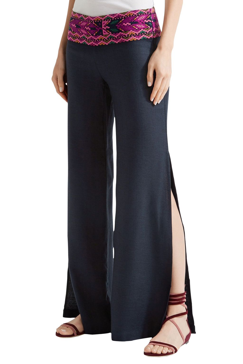 FIGUE Chanda embroidered silk-blend canvas wide-leg pants