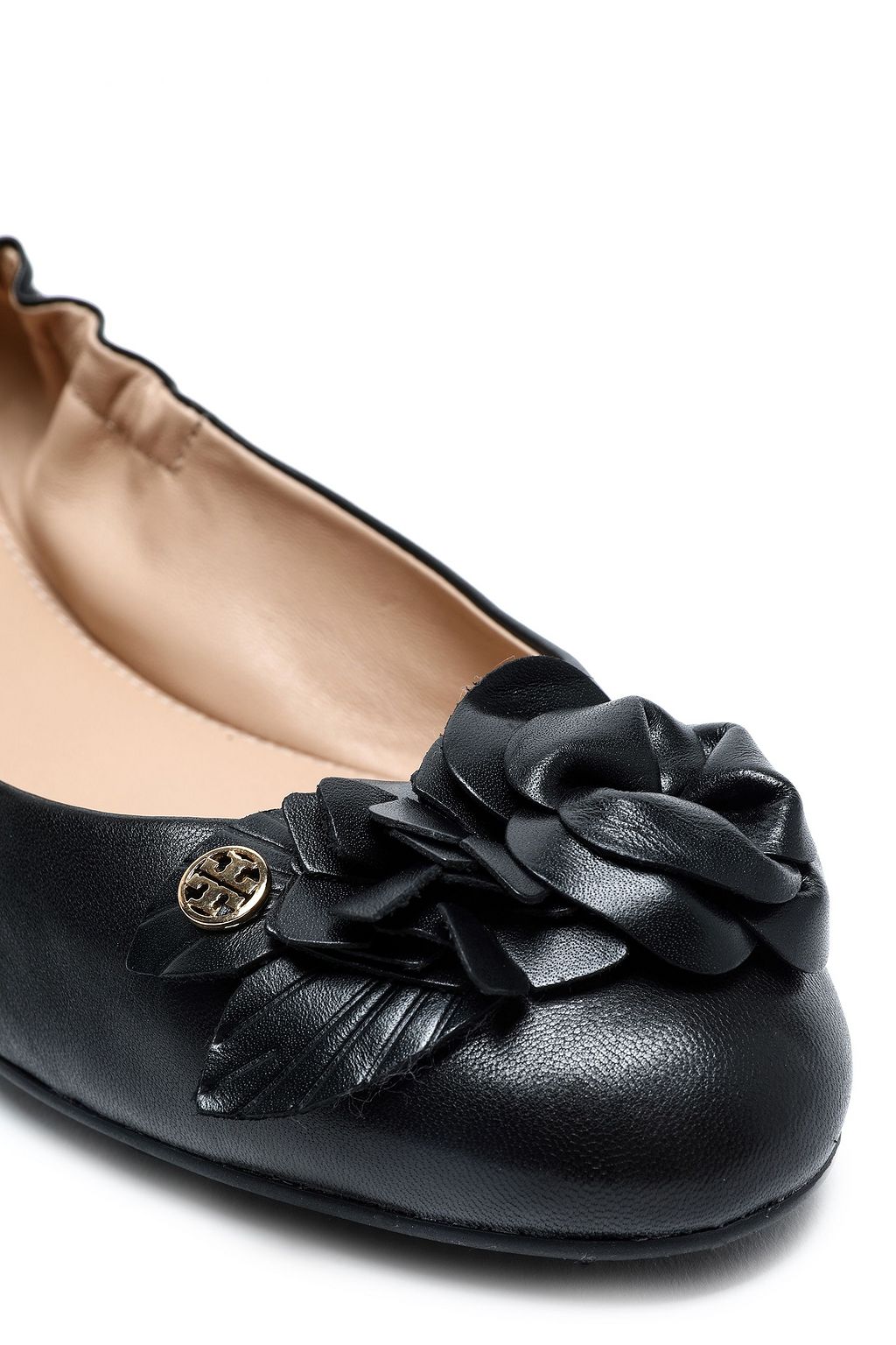 TORY BURCH Floral-appliquéd leather ballet flats