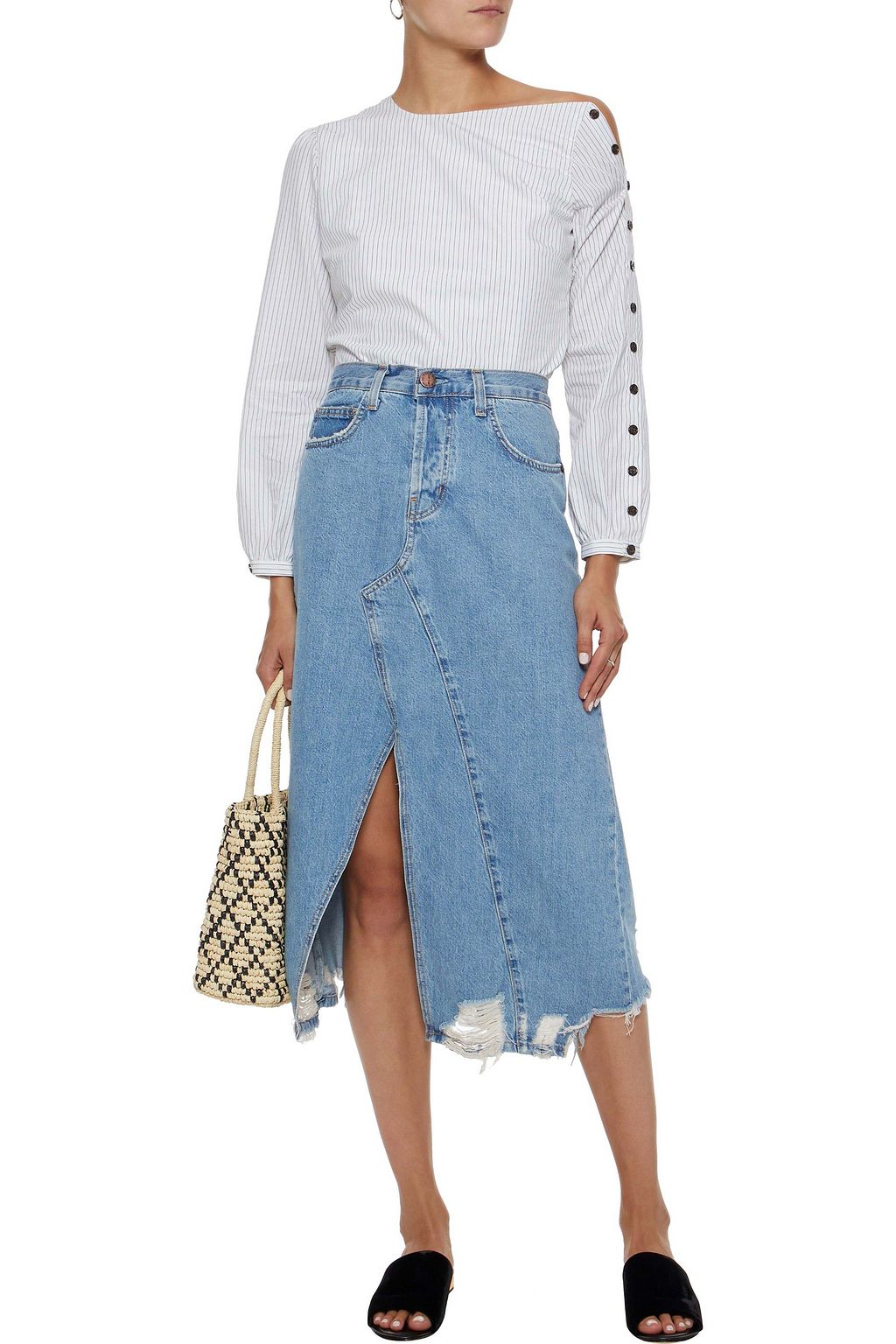 CURRENT/ELLIOTT The Recrafted distressed denim midi skirt