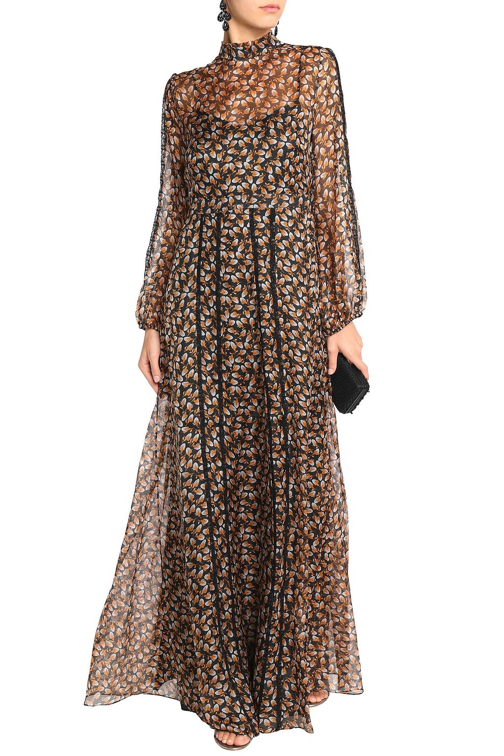 ROCHAS Tie-back lace-trimmed printed silk-chiffon maxi dress