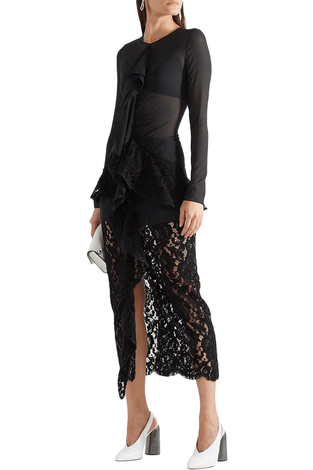 PROENZA SCHOULER Ruffled cotton-blend chiffon and lace midi dress
