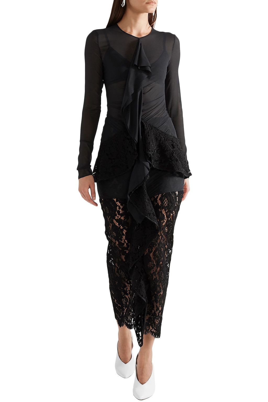 PROENZA SCHOULER Ruffled cotton-blend chiffon and lace midi dress