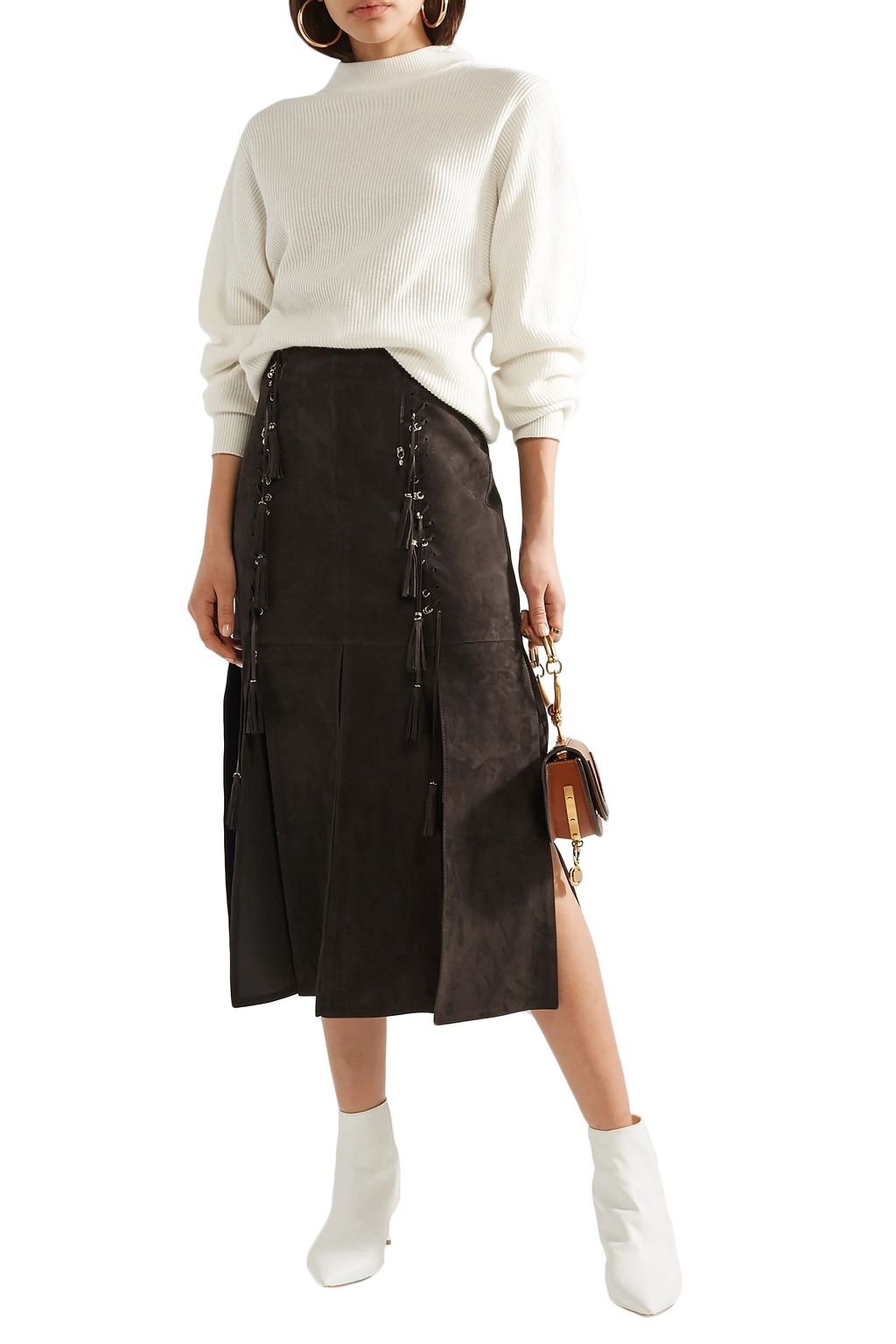 CHLOÉ Tassel-trimmed suede midi skirt