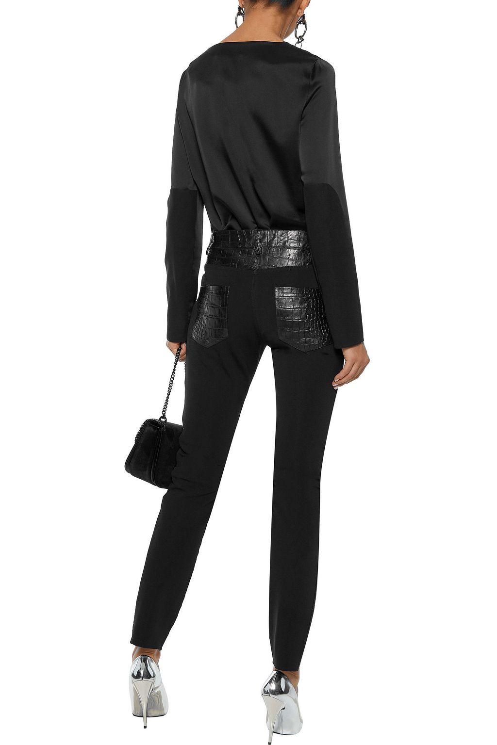 ROBERTO CAVALLI Jersey-paneled croc-effect leather skinny pants