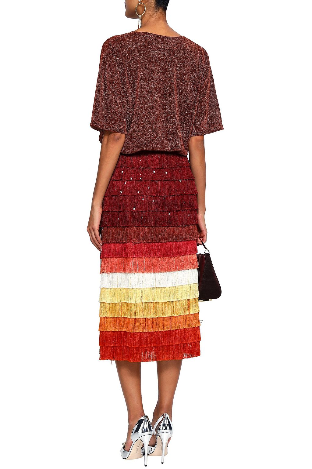 MARCO DE VINCENZO Embellished fringed color-block satin midi skirt