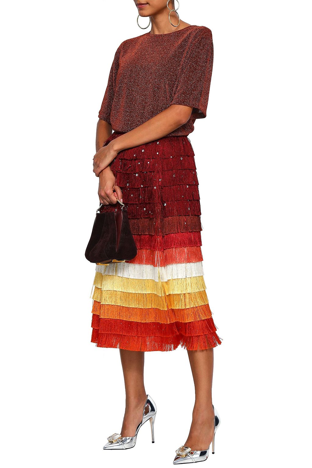MARCO DE VINCENZO Embellished fringed color-block satin midi skirt