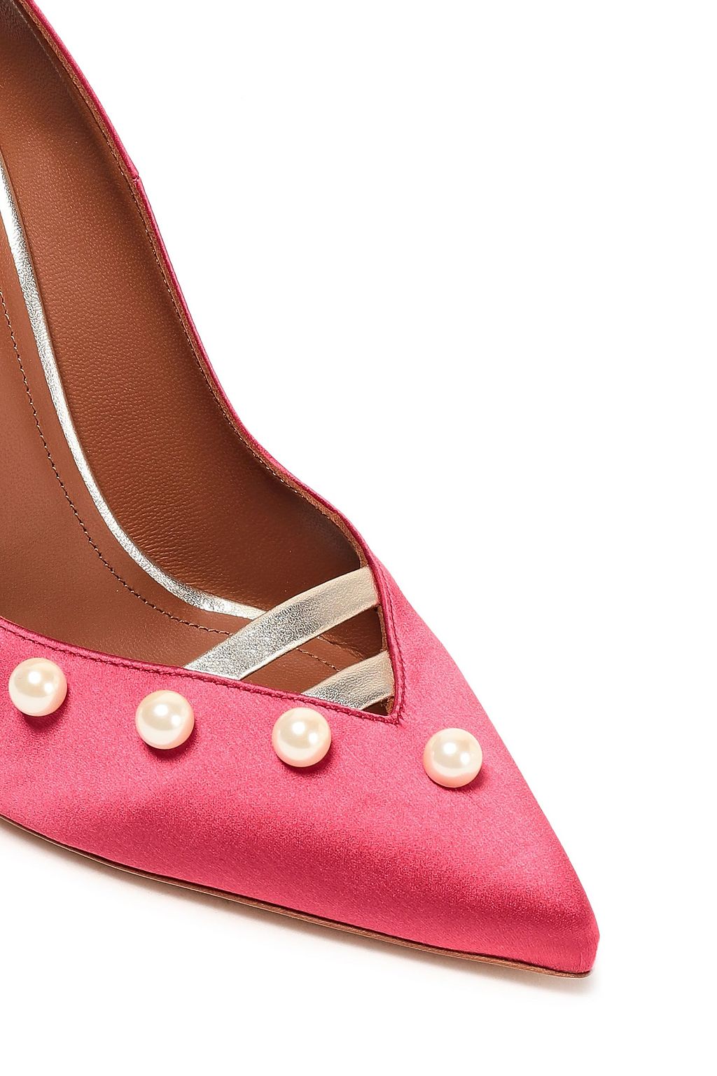 MALONE SOULIERS Zia metallic leather-trimmed faux pearl-embellished satin pumps