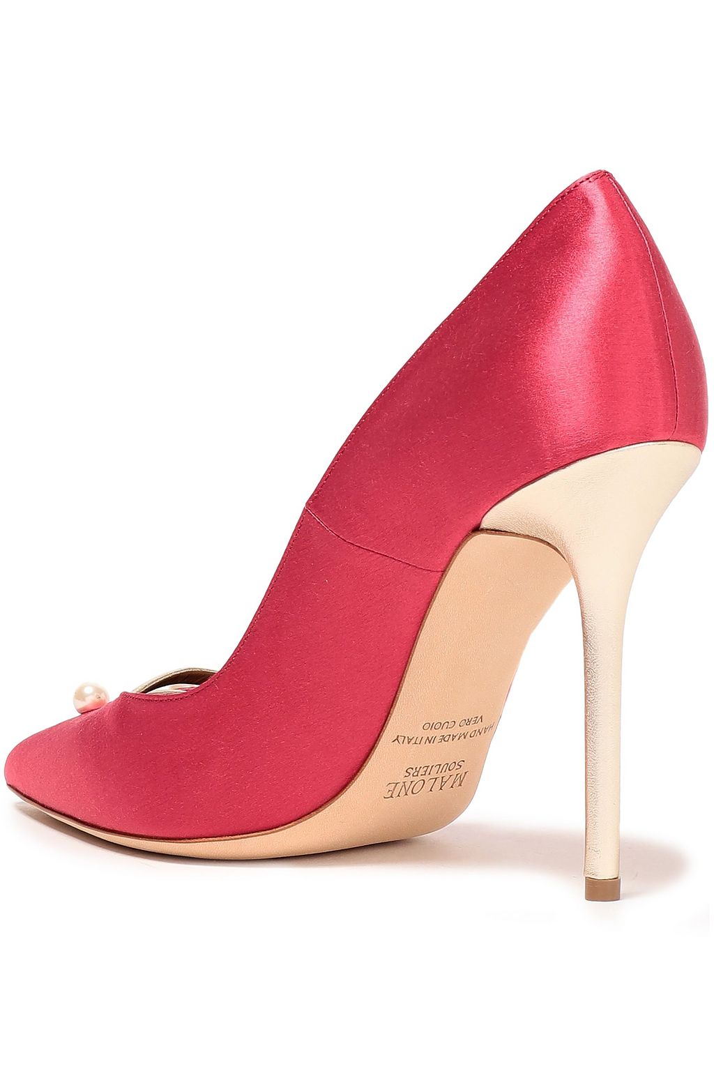 MALONE SOULIERS Zia metallic leather-trimmed faux pearl-embellished satin pumps