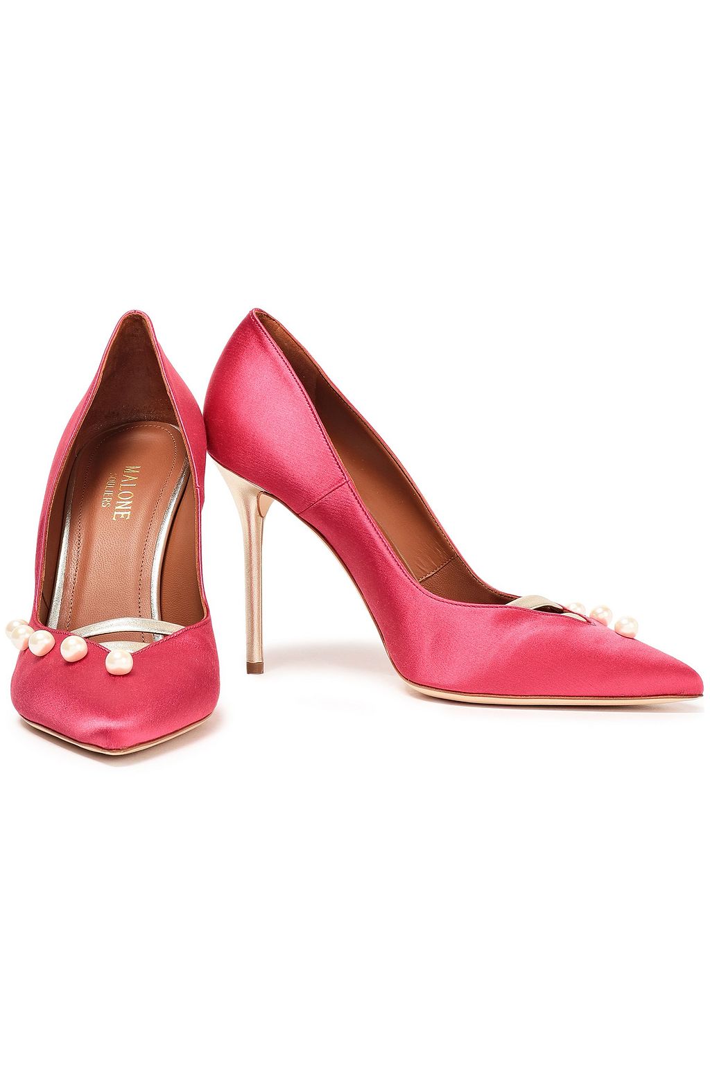 MALONE SOULIERS Zia metallic leather-trimmed faux pearl-embellished satin pumps
