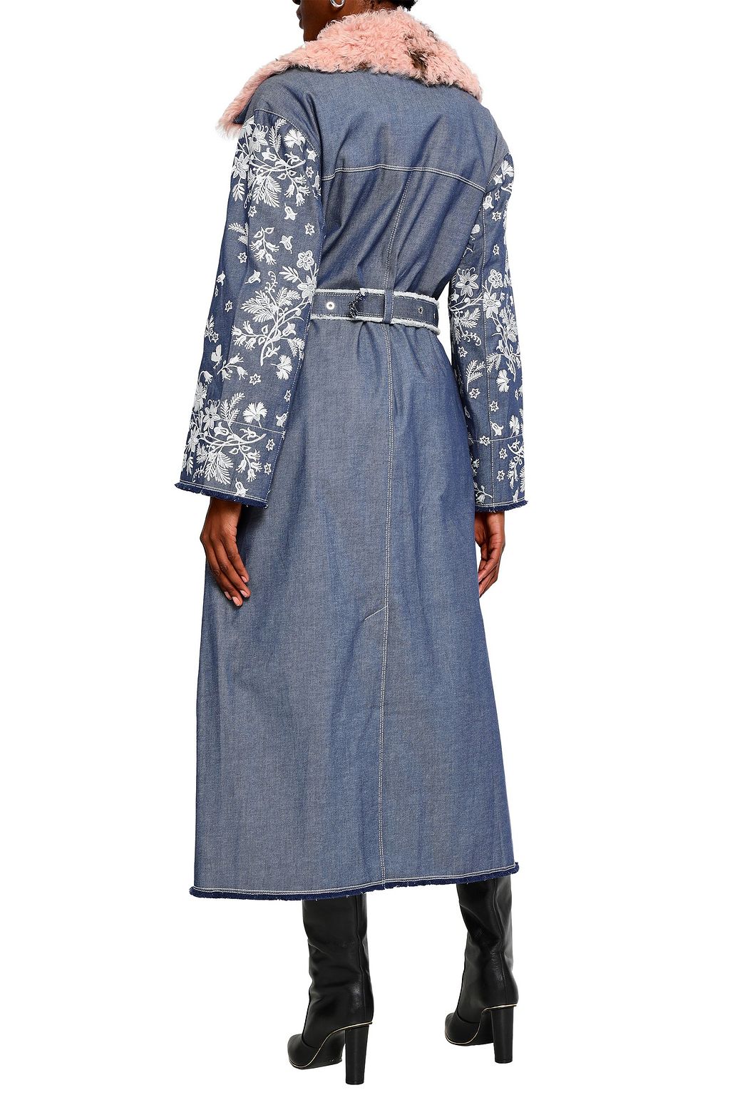 CINQ À SEPT Shearling-trimmed embroidered denim trench coat
