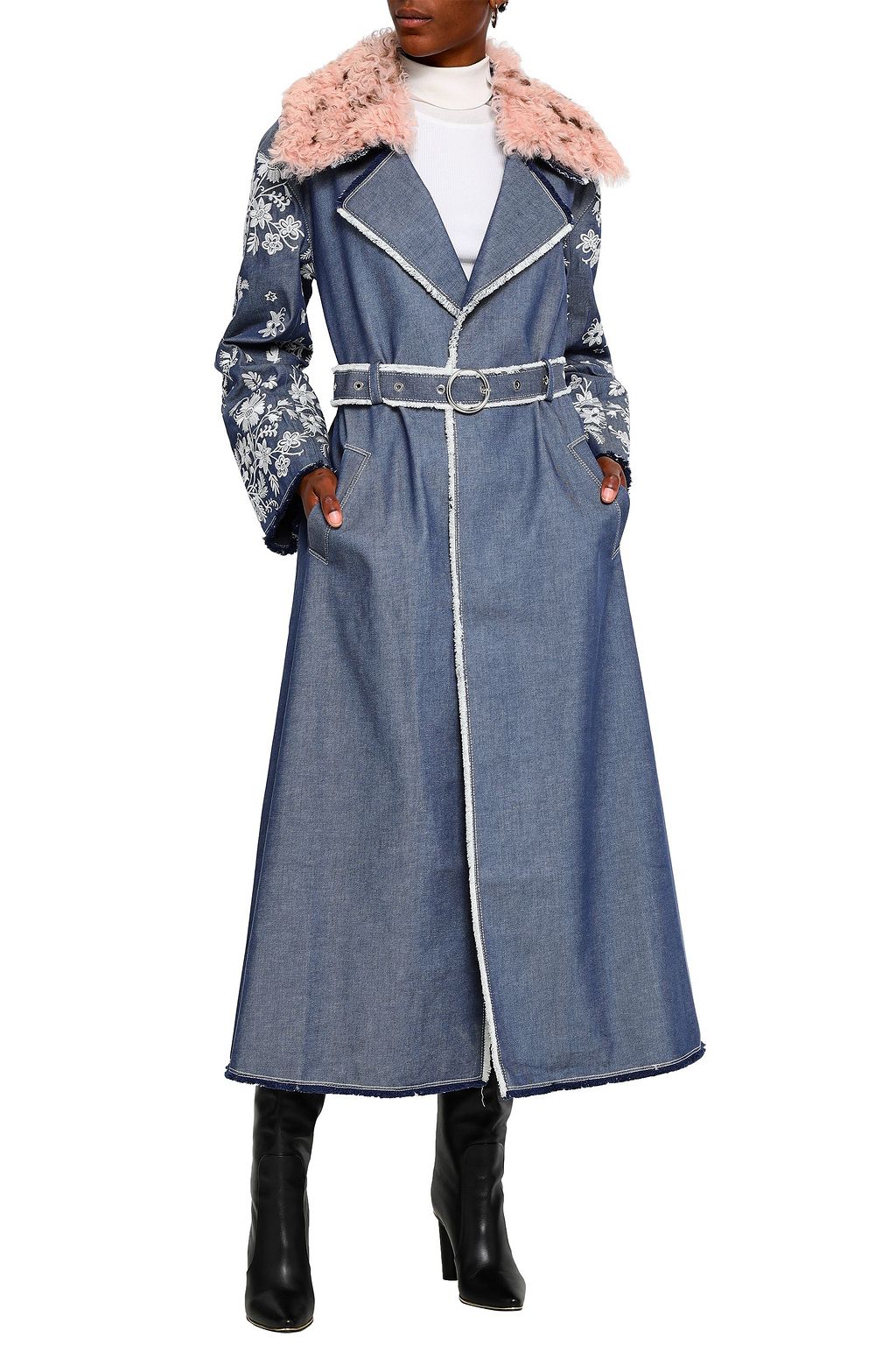 CINQ À SEPT Shearling-trimmed embroidered denim trench coat