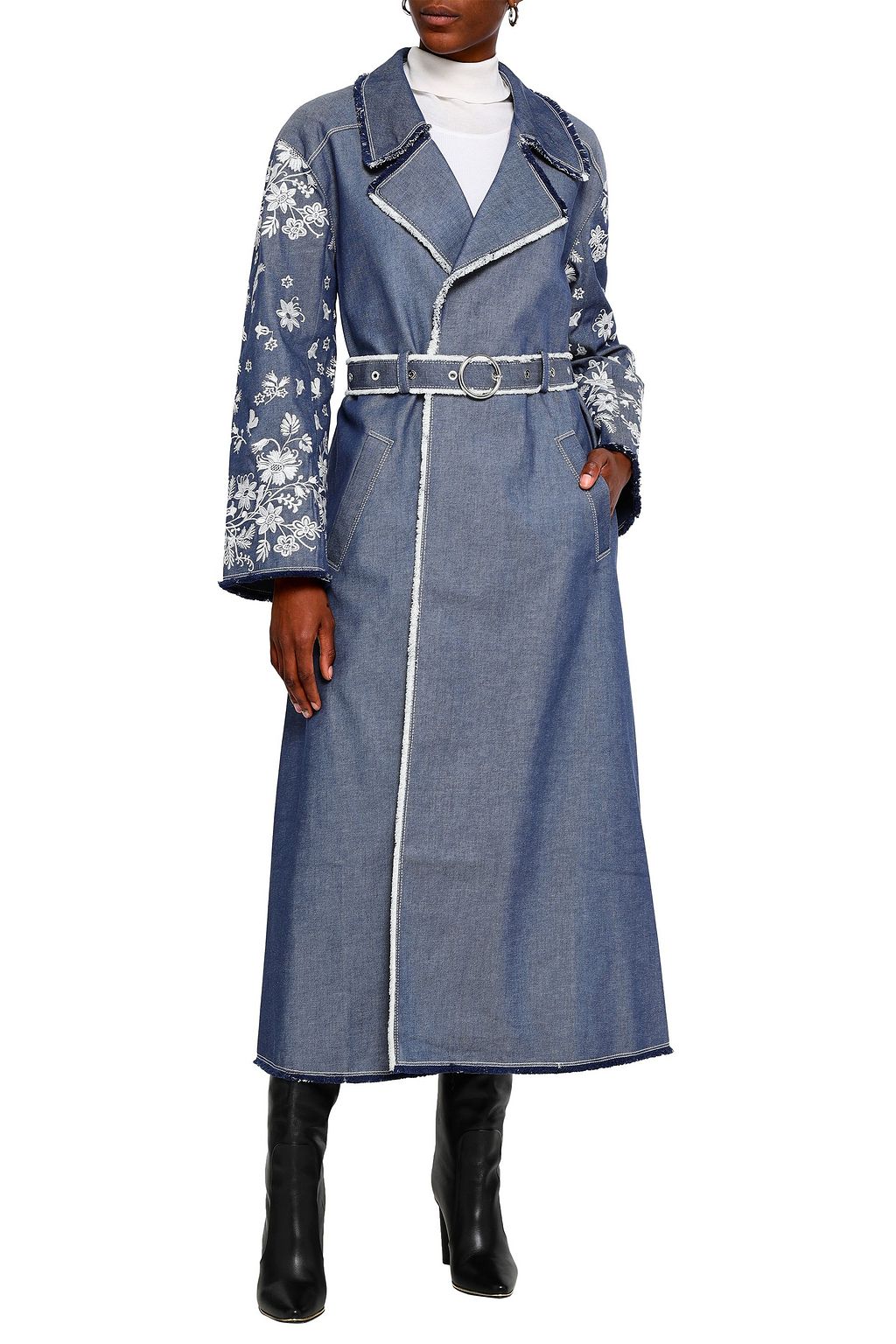 CINQ À SEPT Shearling-trimmed embroidered denim trench coat