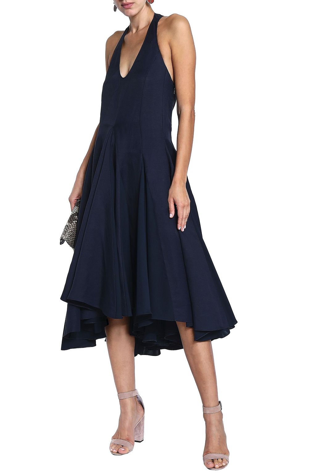 ROBERTO CAVALLI Crepe and twill-paneled midi halterneck dress