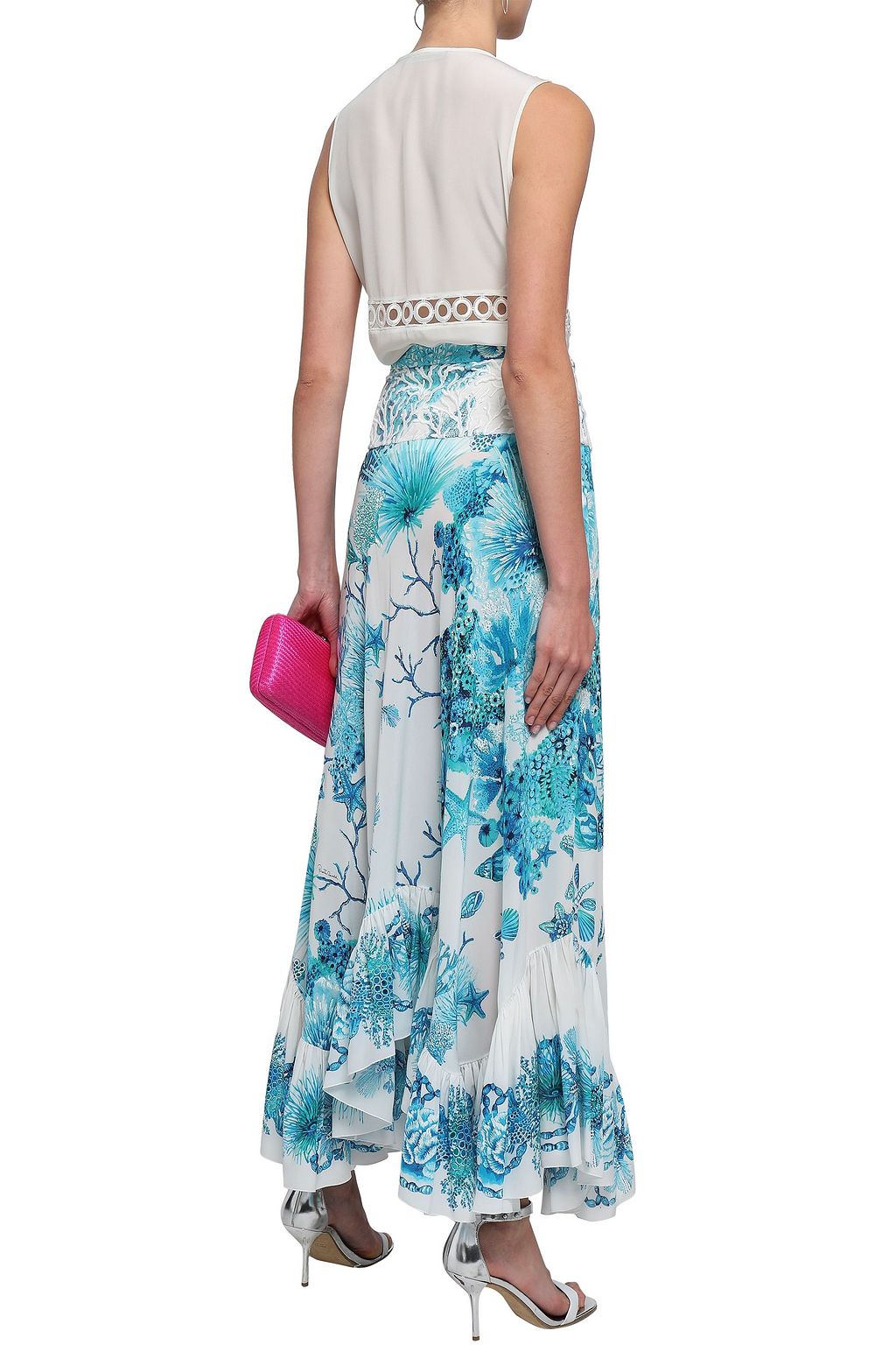 ROBERTO CAVALLI Printed ruffled silk crepe de chine maxi skirt