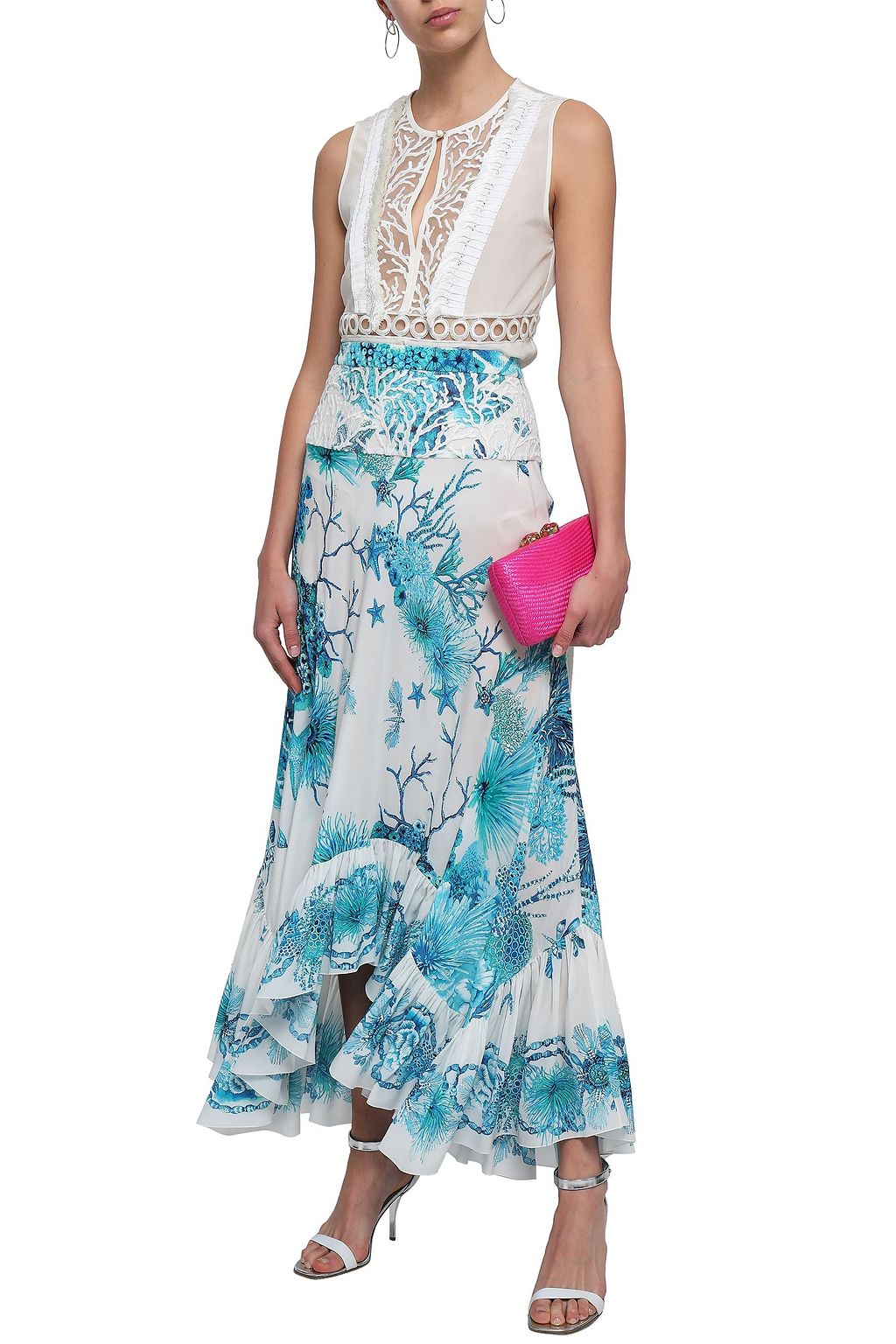 ROBERTO CAVALLI Printed ruffled silk crepe de chine maxi skirt