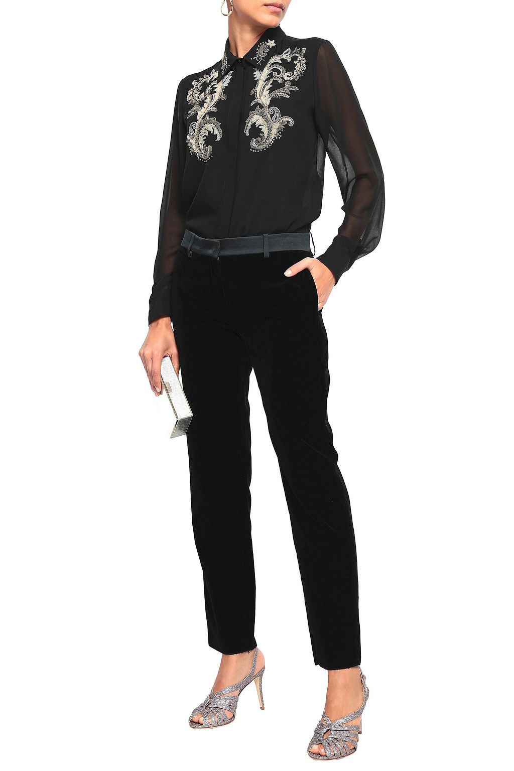 ROBERTO CAVALLI Satin-trimmed velvet slim-leg pants