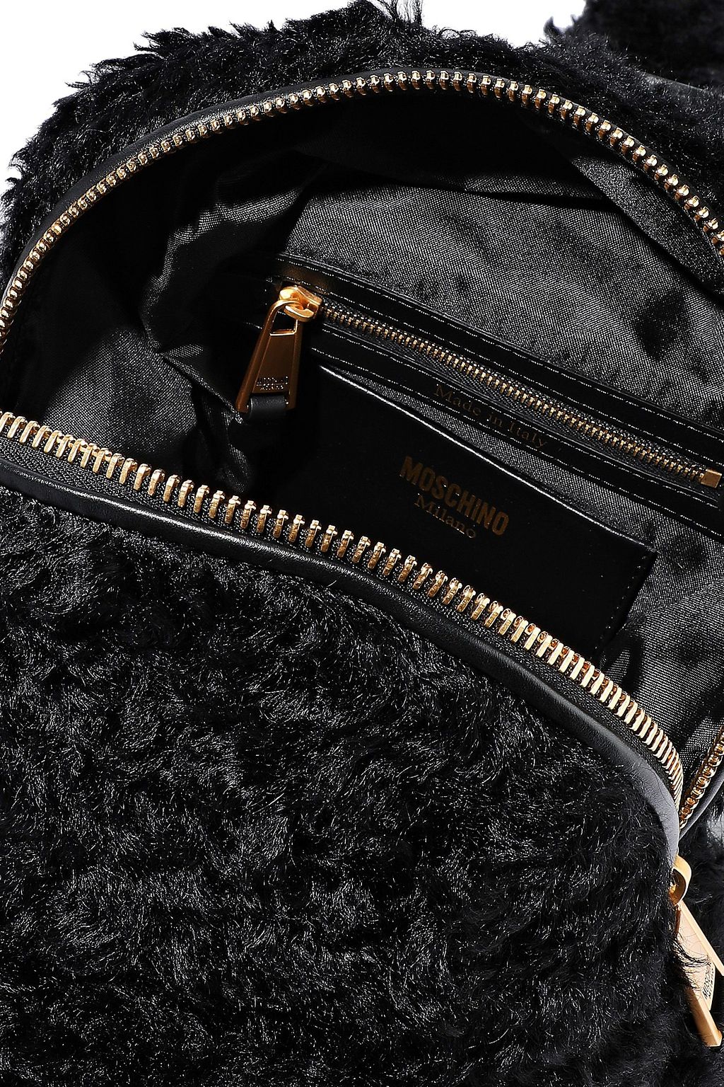 MOSCHINO Leather-trimmed faux shearling backpack
