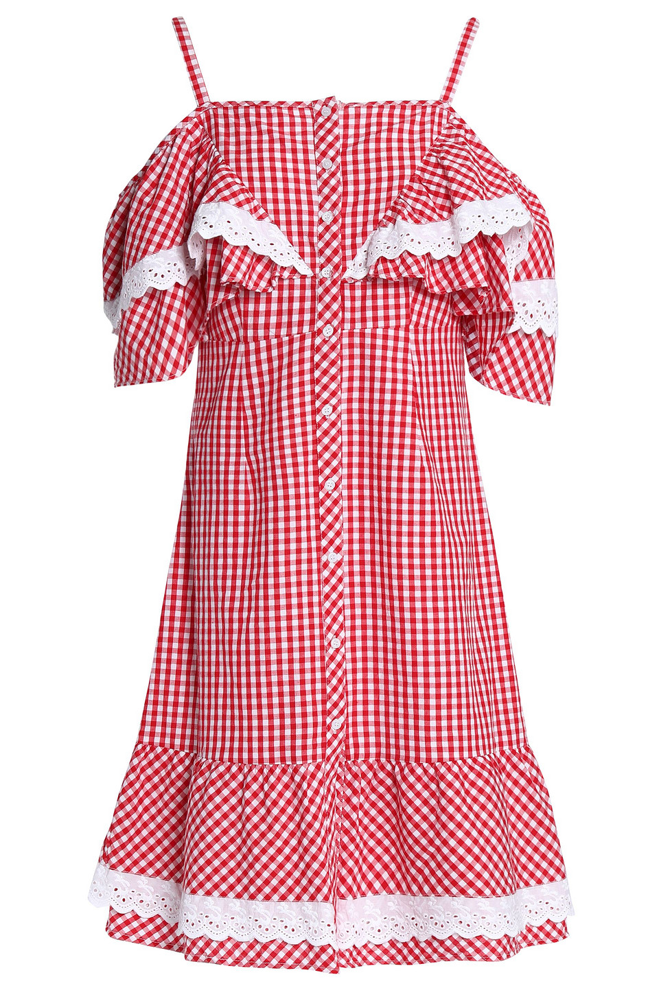 walter baker - carter cold-shoulder ruffled gingham cotton-poplin dress - red - s