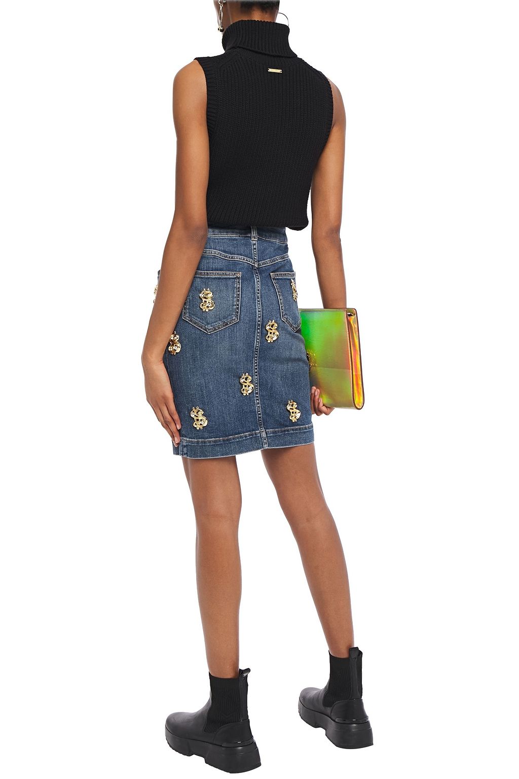 MOSCHINO Embellished denim mini skirt