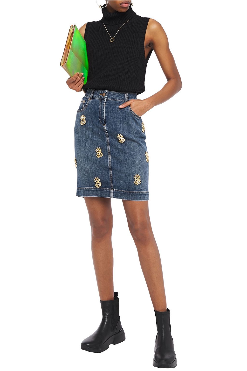 MOSCHINO Embellished denim mini skirt
