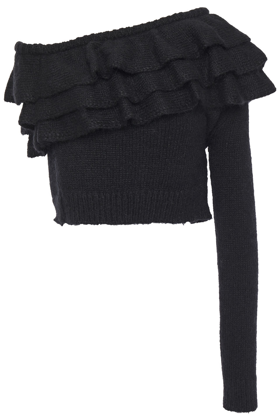 One-shoulder tiered ruffled knitted sweater