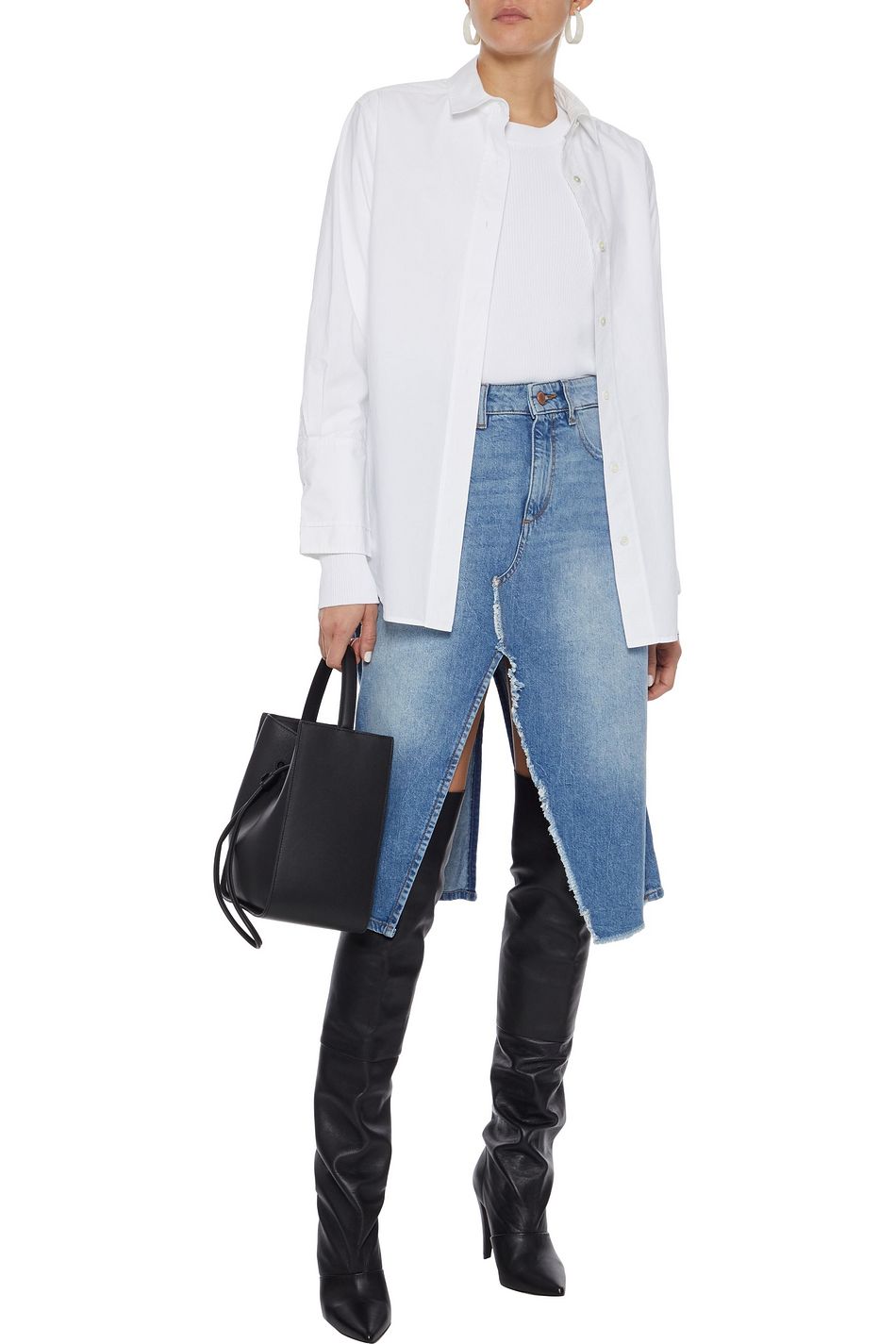 denim skirt knee high boots