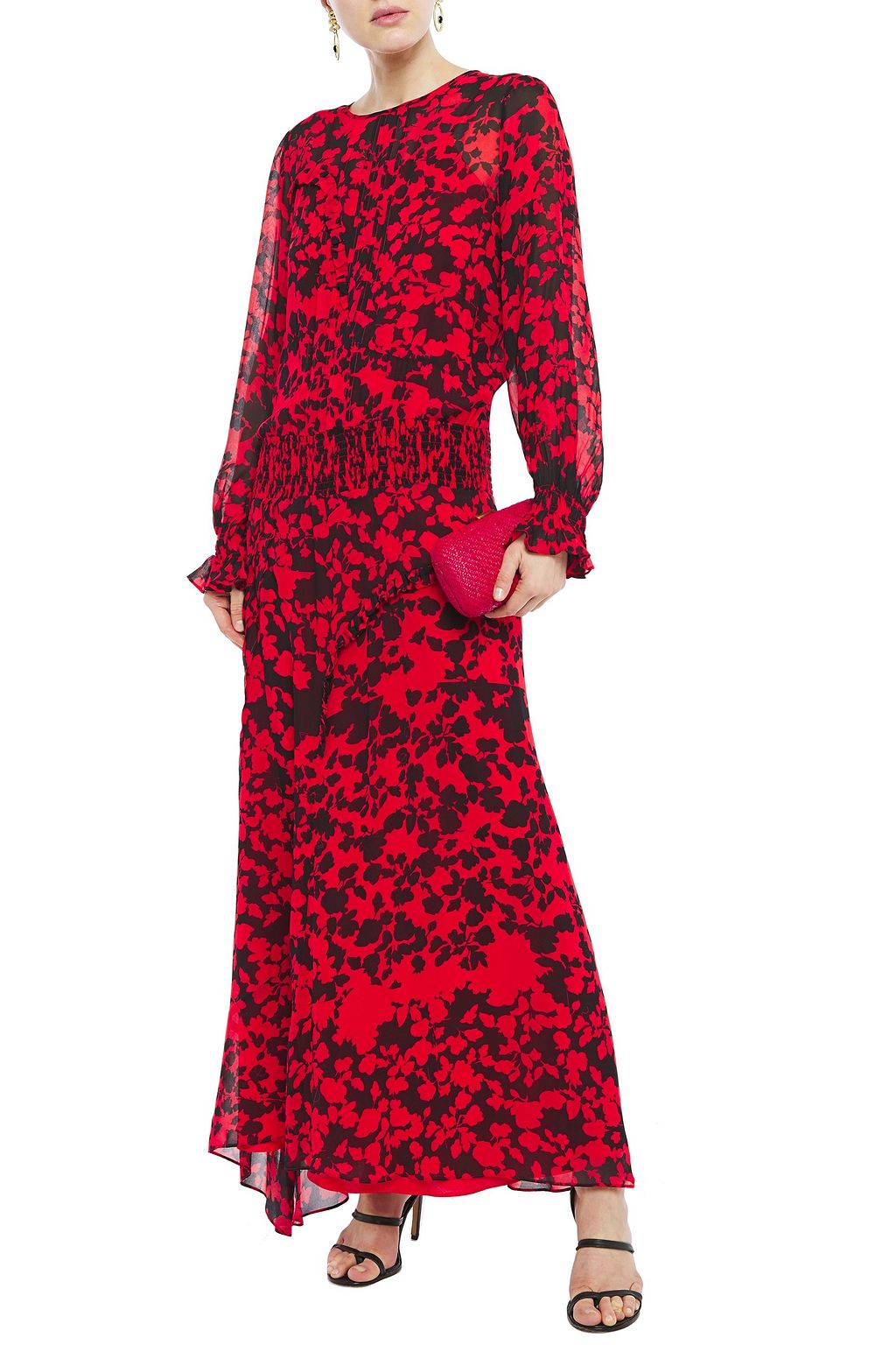 PREEN LINE Shirred ruffle-trimmed floral-print georgette maxi dress