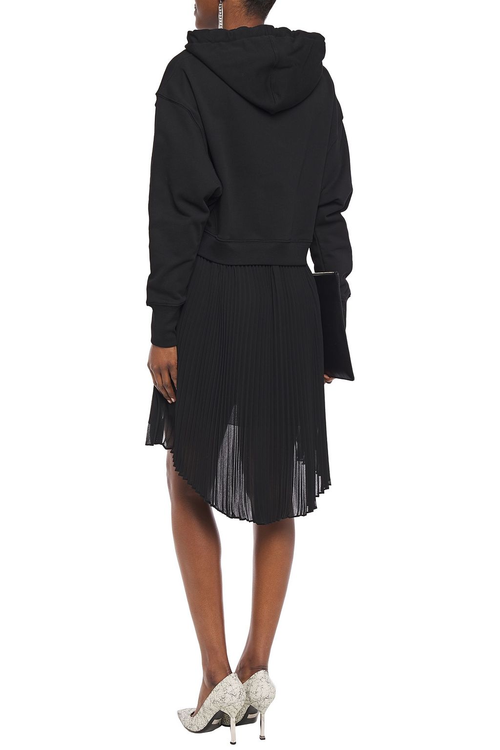 PHILOSOPHY DI LORENZO SERAFINI Asymmetric paneled French cotton-terry and georgette hooded mini dress