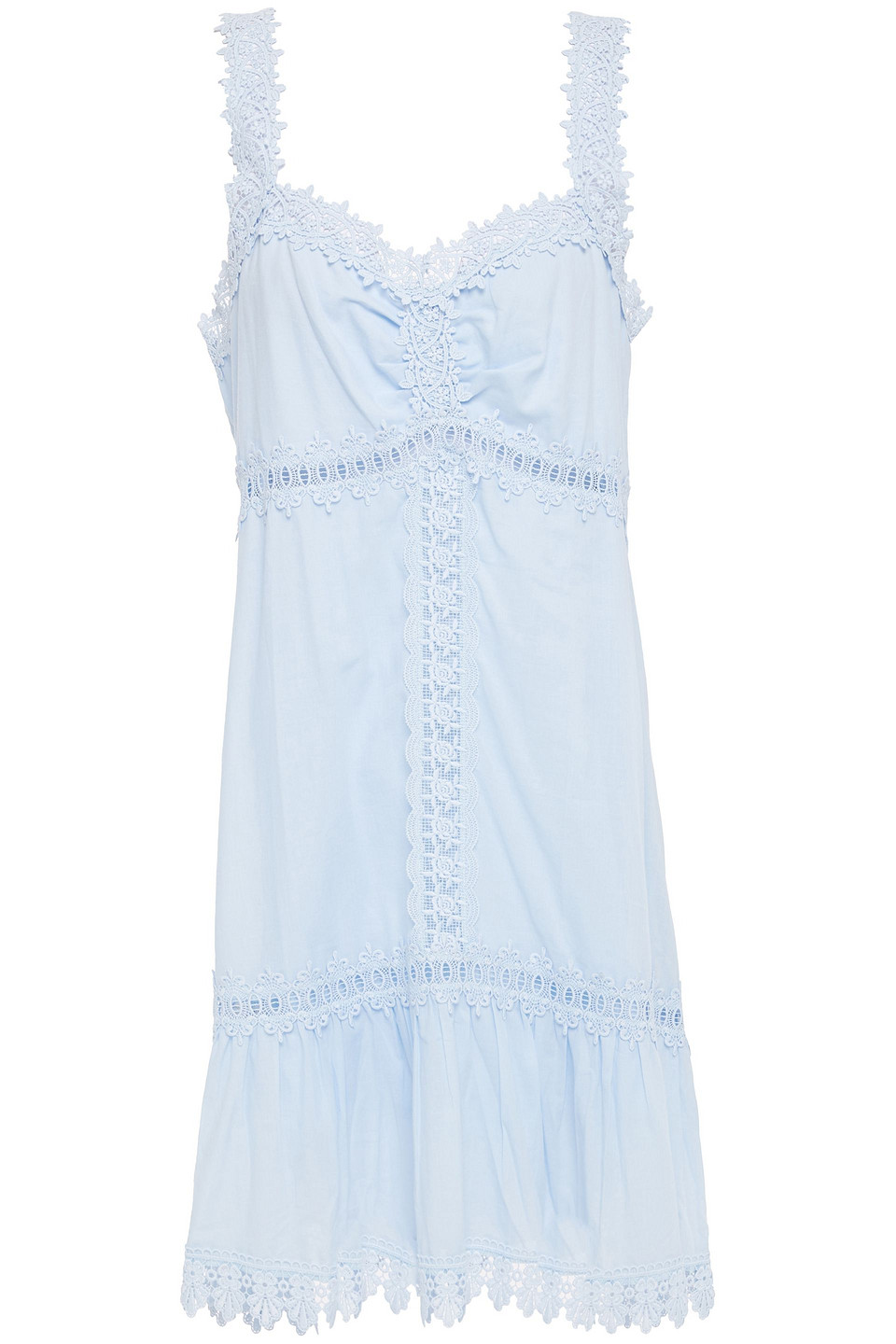 Charo Ruiz Ibiza Woman Crocheted Lace-trimmed Shirred Cotton-blend Voile Mini Dress Light Blue Size M