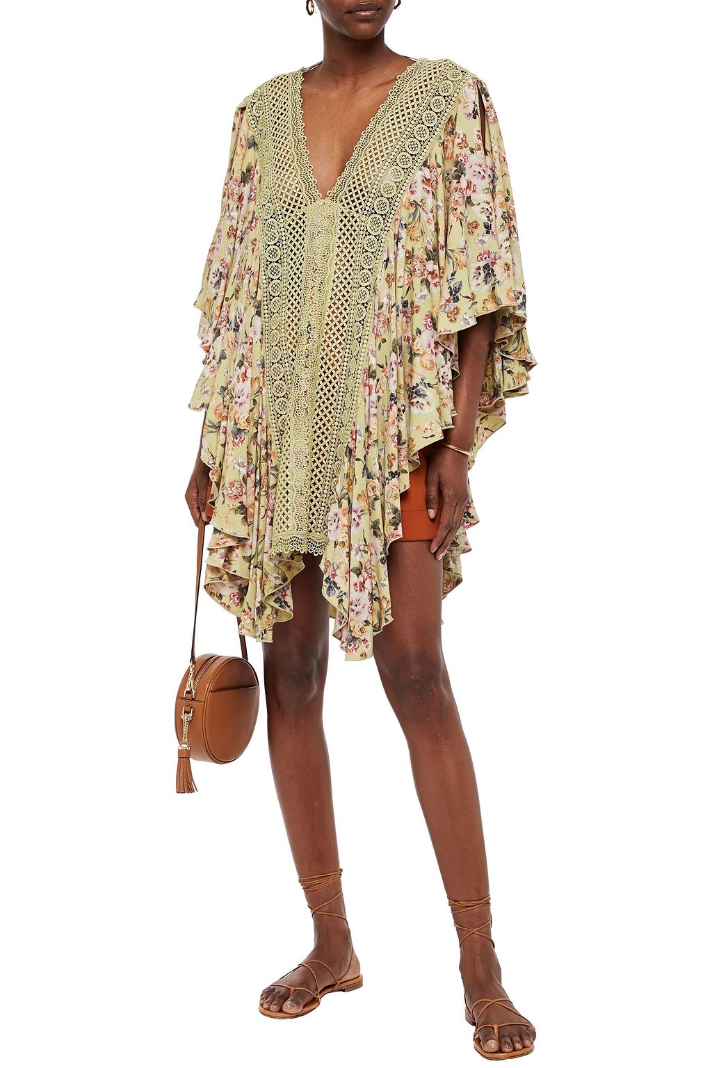 CHARO RUIZ IBIZA Dalia crocheted lace-paneled floral-print voile kaftan