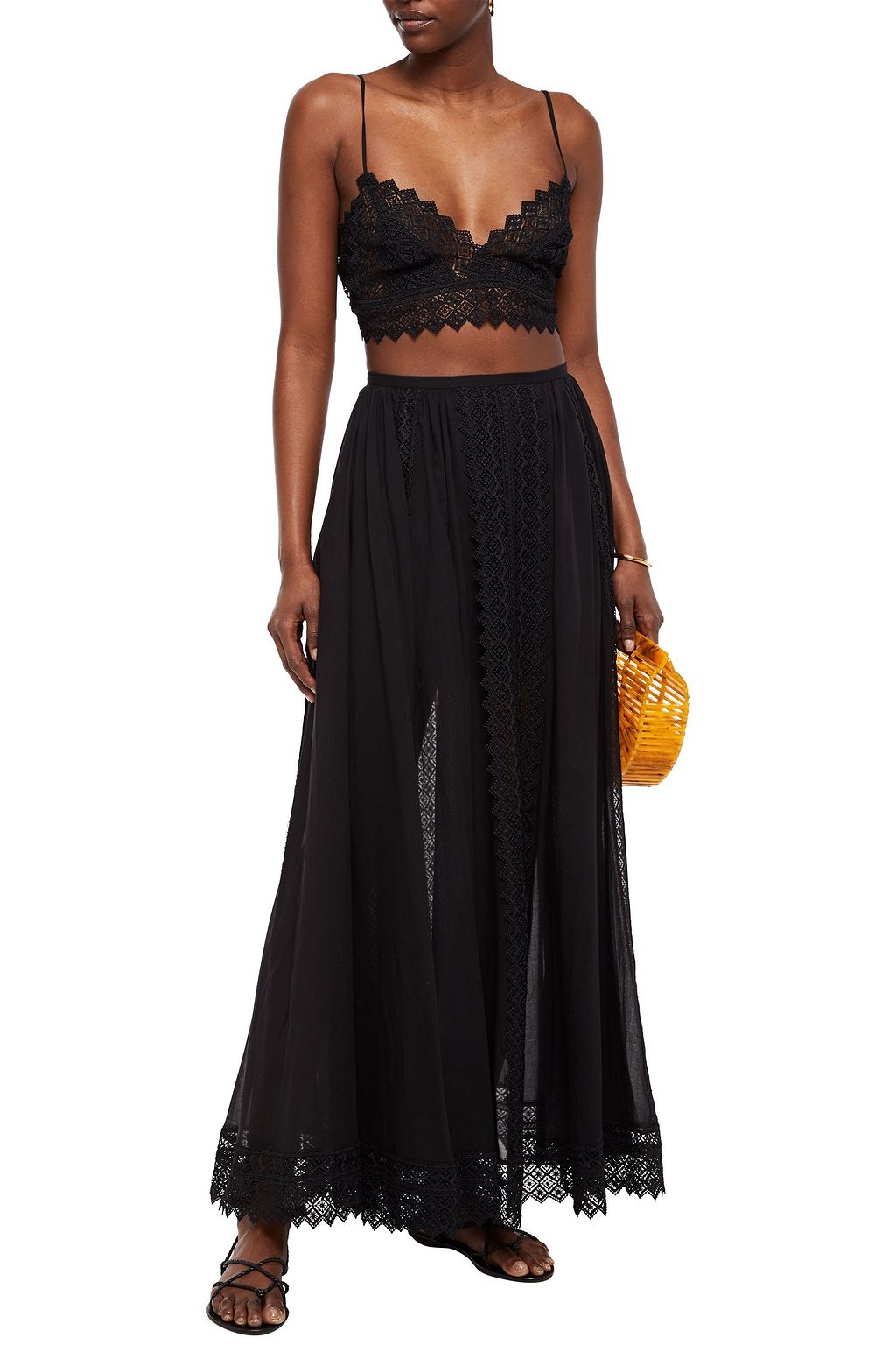 CHARO RUIZ IBIZA Vega crocheted lace-paneled cotton-blend voile maxi skirt