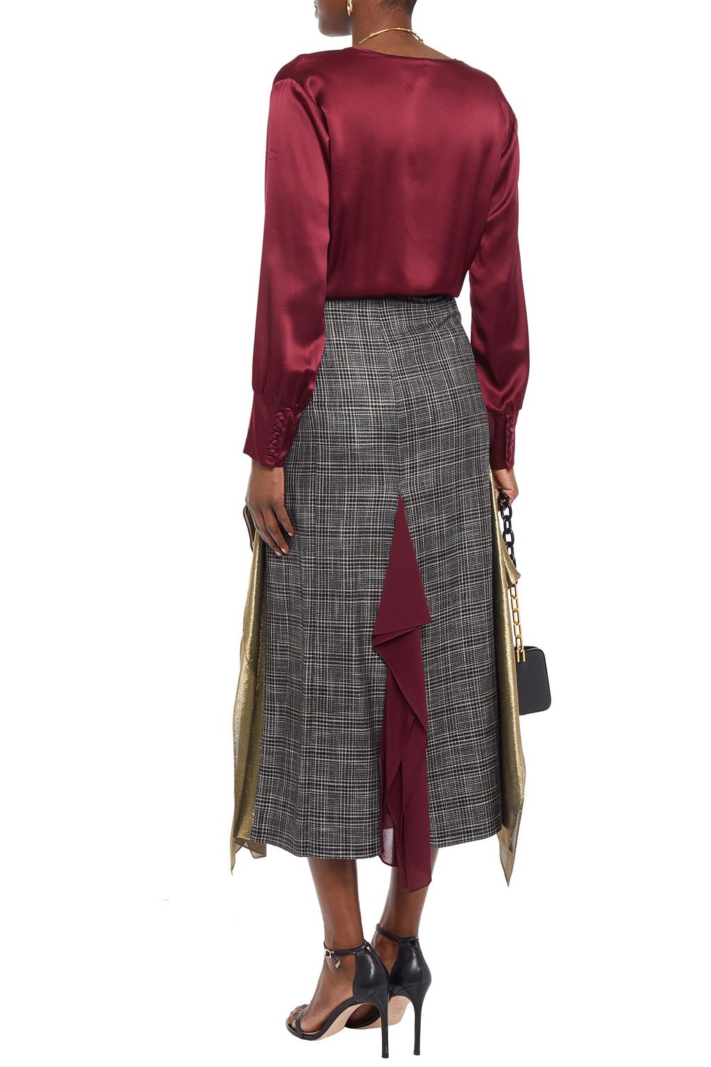ROLAND MOURET Julius draped chiffon and lamé-paneled checked bamboo midi skirt