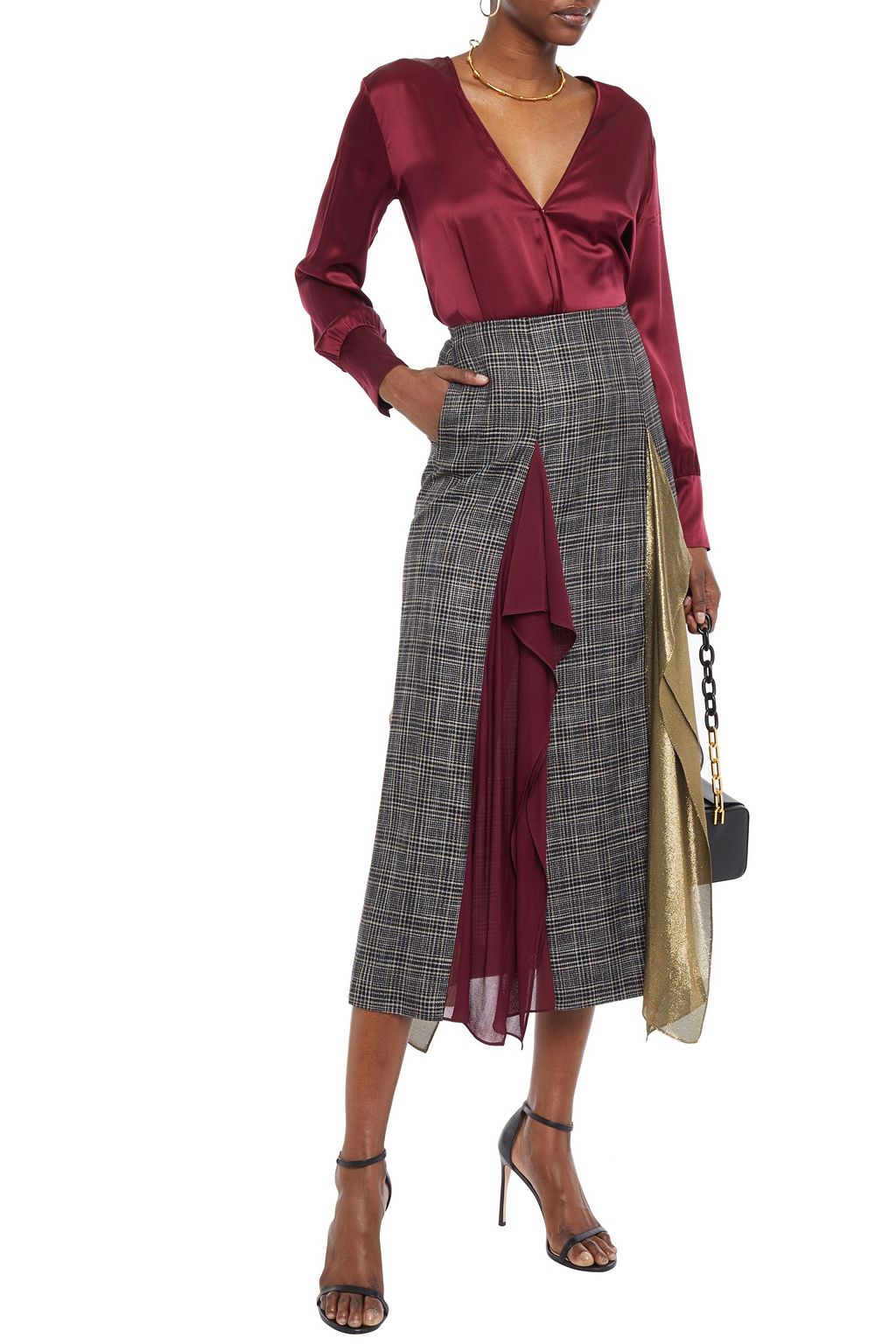 ROLAND MOURET Julius draped chiffon and lamé-paneled checked bamboo midi skirt