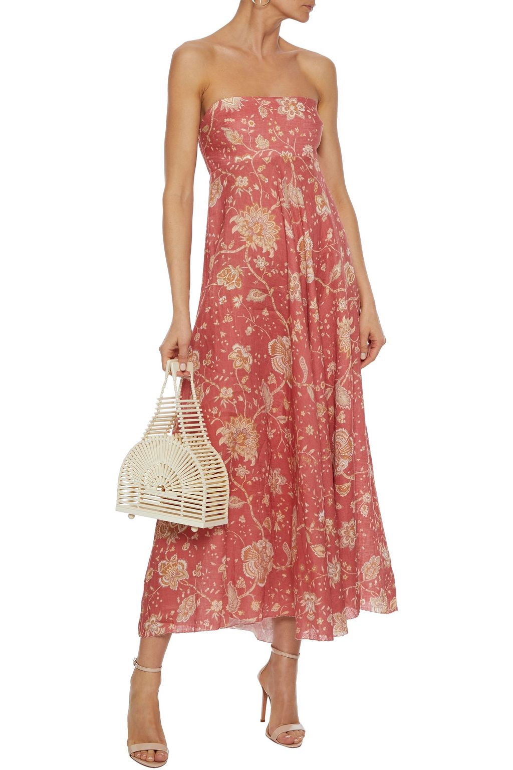 ZIMMERMANN Veneto strapless shirred floral-print linen midi dress