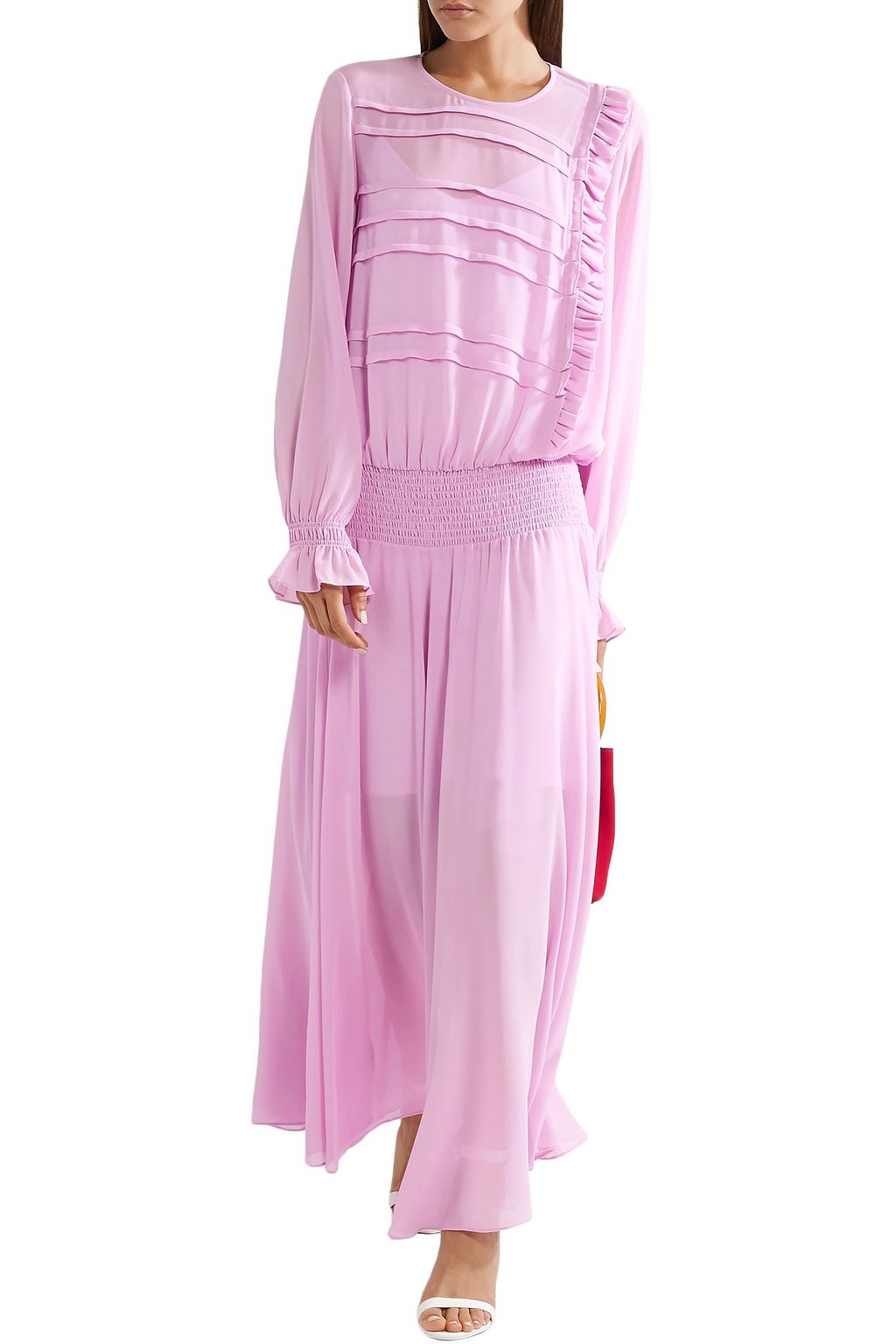 PREEN LINE Ruffled shirred crepe de chine maxi dress