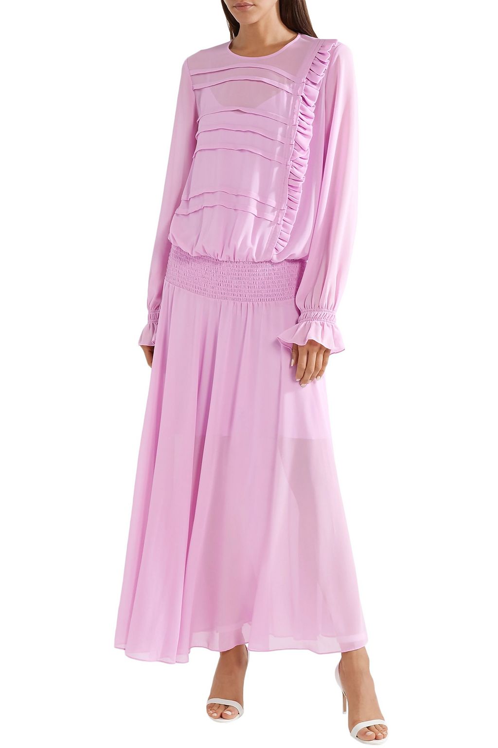 PREEN LINE Ruffled shirred crepe de chine maxi dress