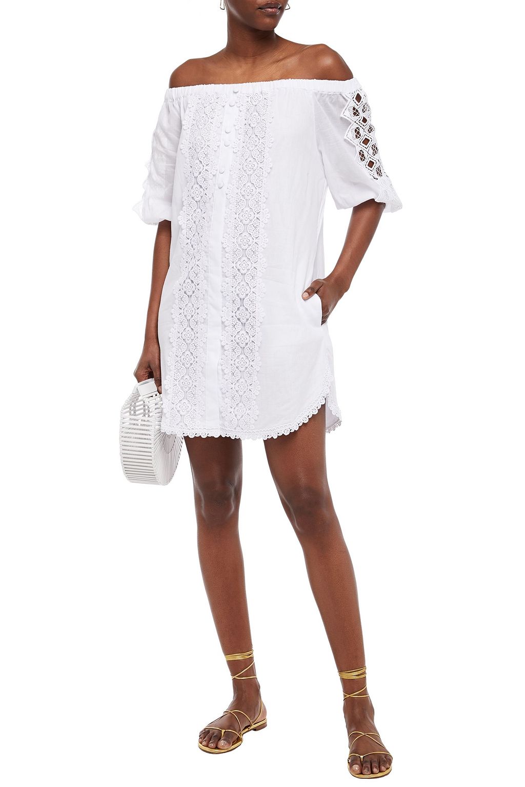 CHARO RUIZ IBIZA Off-the-shoulder crocheted lace-paneled cotton-blend voile mini dress