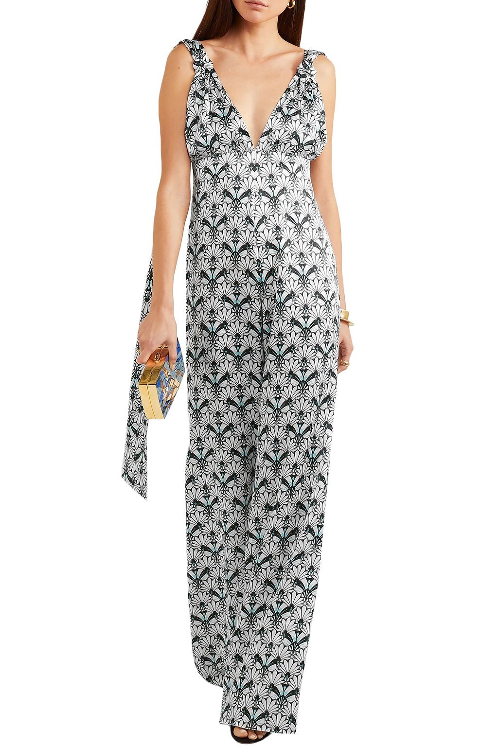 SEREN LONDON C.Z. open-back knotted printed silk-satin jumpsuit