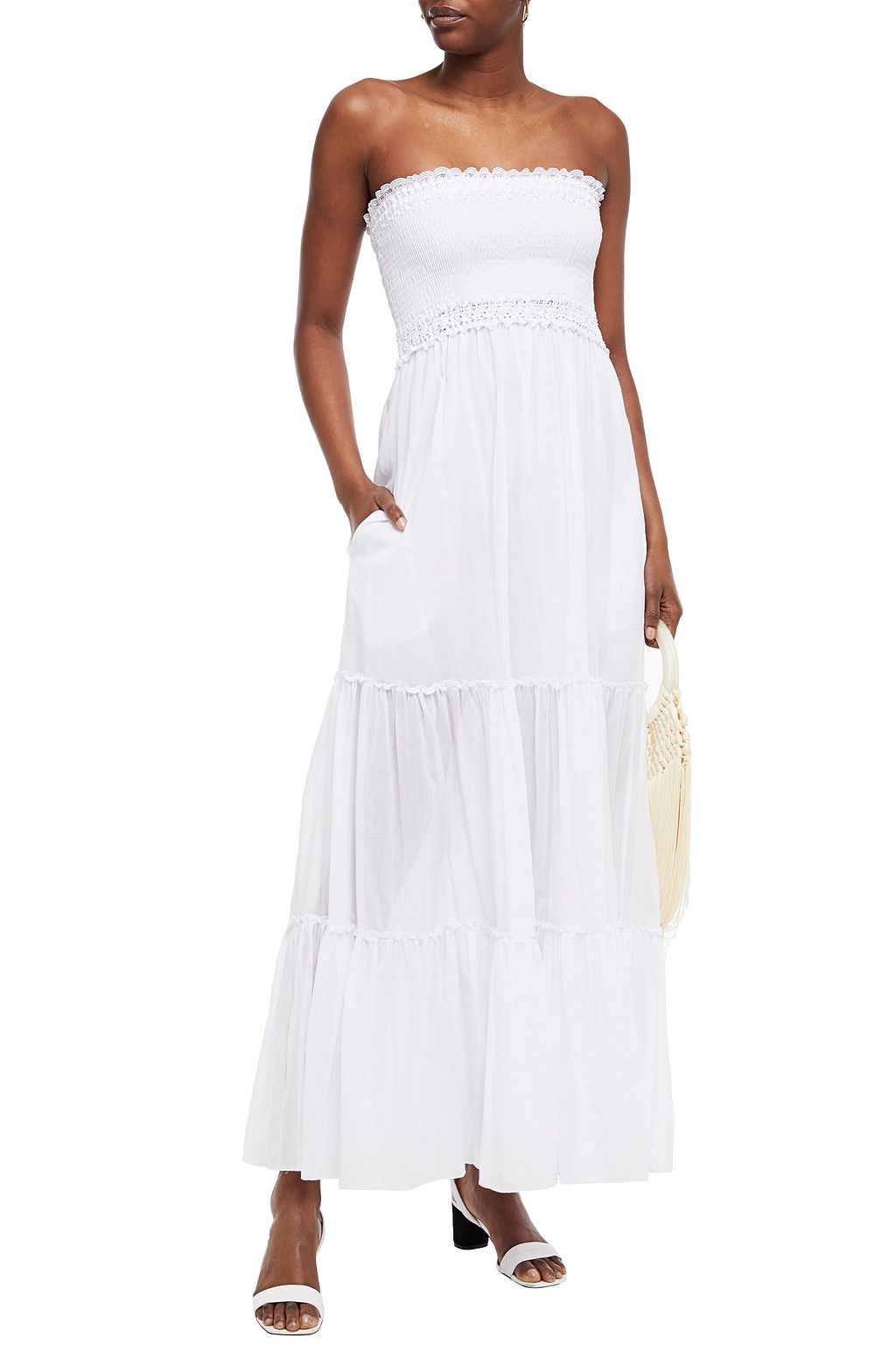 CHARO RUIZ IBIZA Strapless crocheted lace-trimmed shirred cotton-blend voile maxi dress