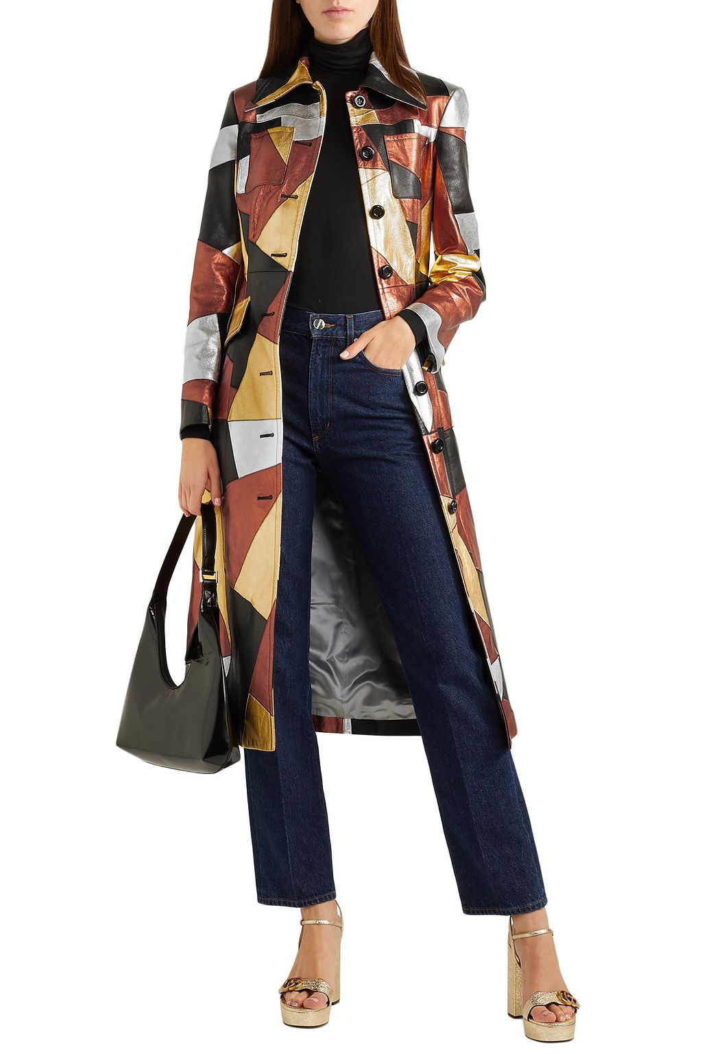 MICHAEL KORS COLLECTION Belted patchwork metallic leather coat