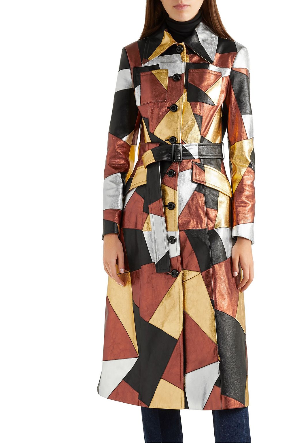 MICHAEL KORS COLLECTION Belted patchwork metallic leather coat