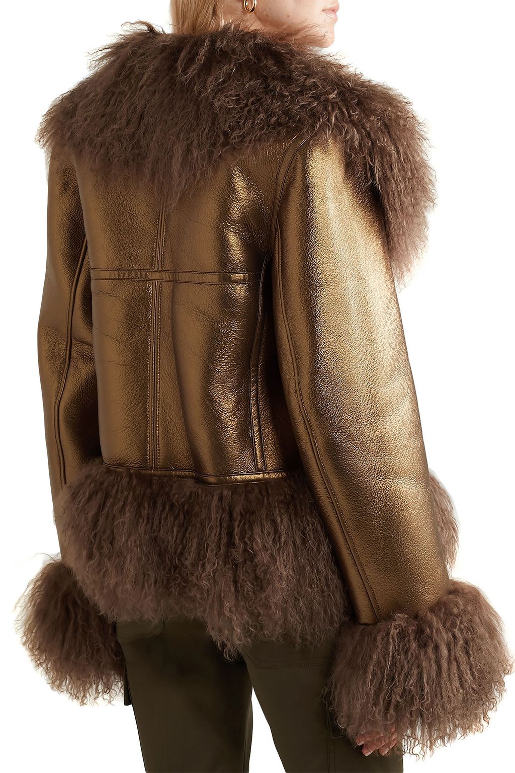 MICHAEL KORS COLLECTION Shearling-trimmed metallic textured-leather biker jacket