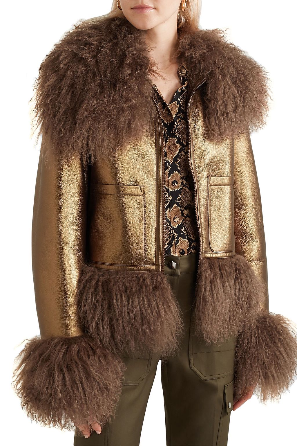 MICHAEL KORS COLLECTION Shearling-trimmed metallic textured-leather biker jacket