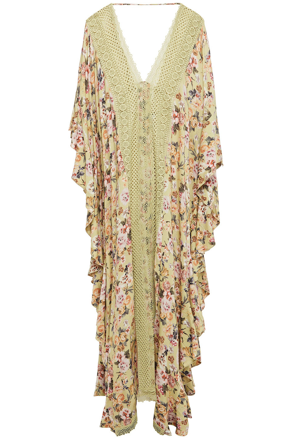 Charo Ruiz Ibiza Woman Dalia Crocheted Lace-paneled Floral-print Crepe De Chine Kaftan Sage Green Size S