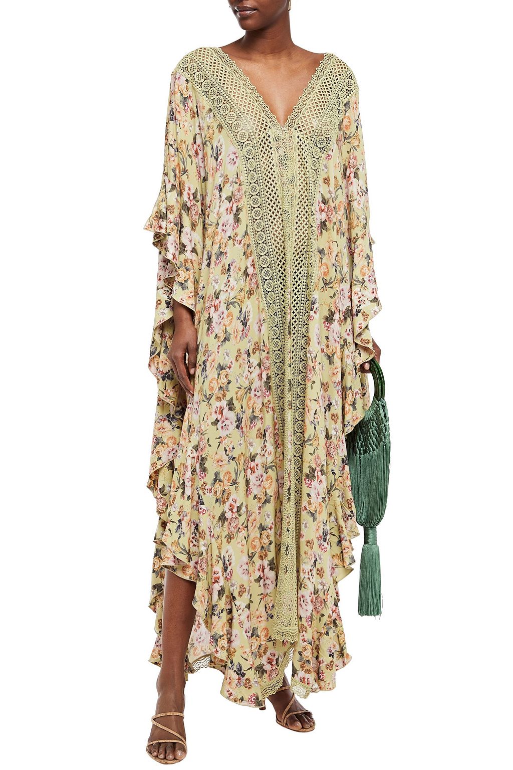 CHARO RUIZ IBIZA Dalia crocheted lace-paneled floral-print crepe de chine kaftan