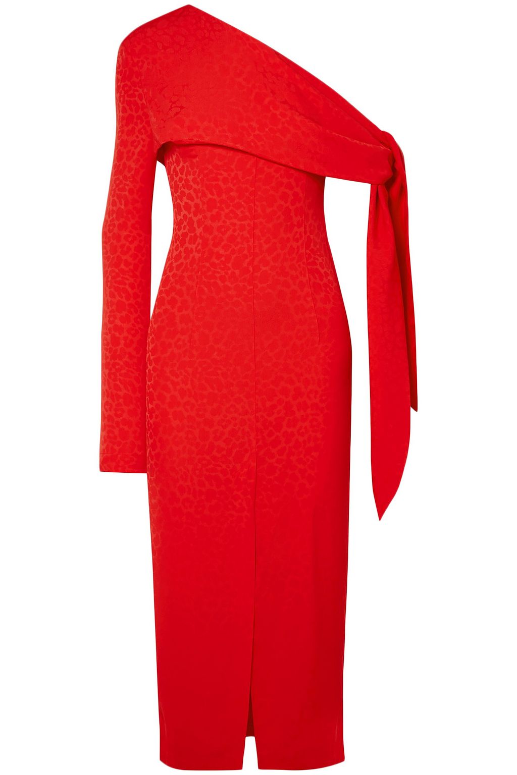 red one shoulder draped midi dress