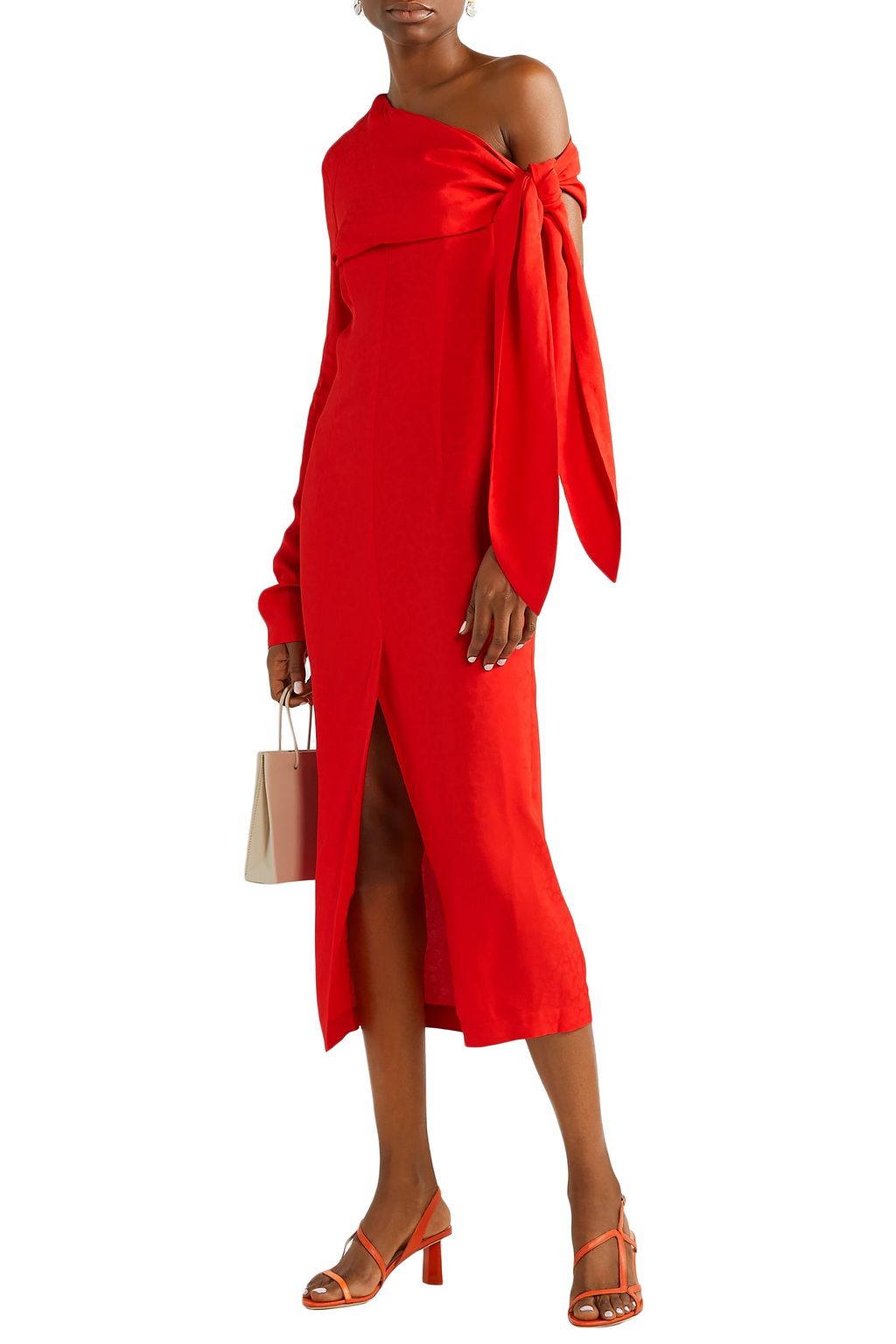red one shoulder draped midi dress